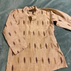 Tan Long Sleeve Tee with Stand-Up Collar and Pattern